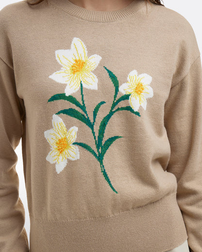 Draper James Brown Daffodil Crewneck Sweater