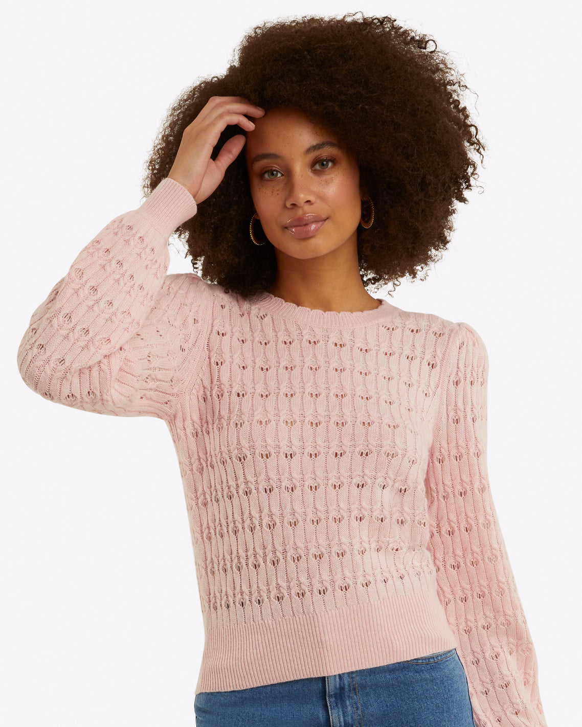 Draper James Orchid Pink Puff Sleeve Sweater in Pointelle Knit