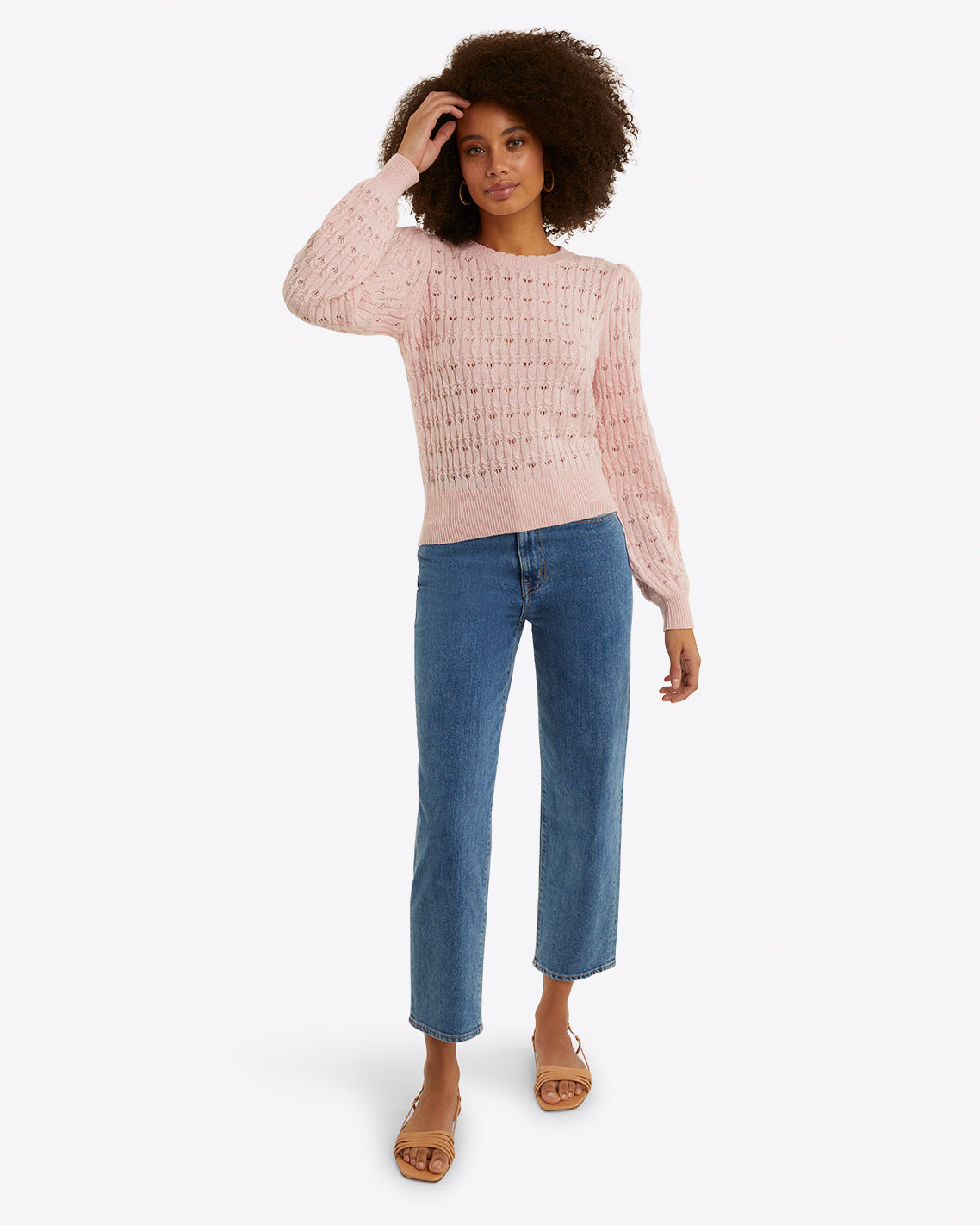 Draper James Orchid Pink Puff Sleeve Sweater in Pointelle Knit