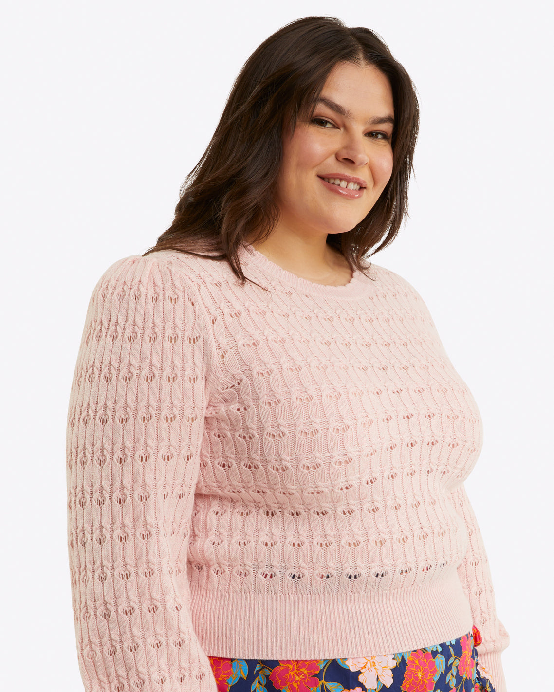 Draper James Orchid Pink Puff Sleeve Sweater in Pointelle Knit