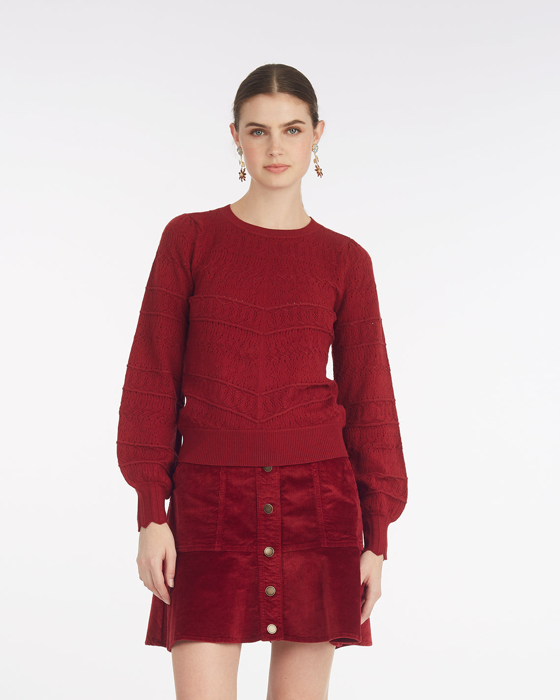Draper James Burgundy Long-Sleeve Pointelle Sweater in Navy