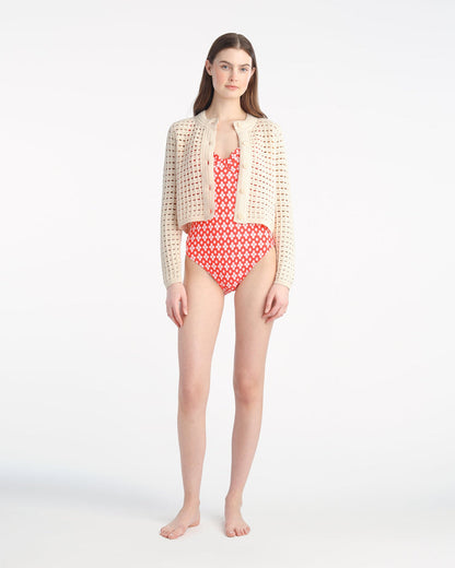 Draper James Beige Crochet Sweater Cardigan in Beige
