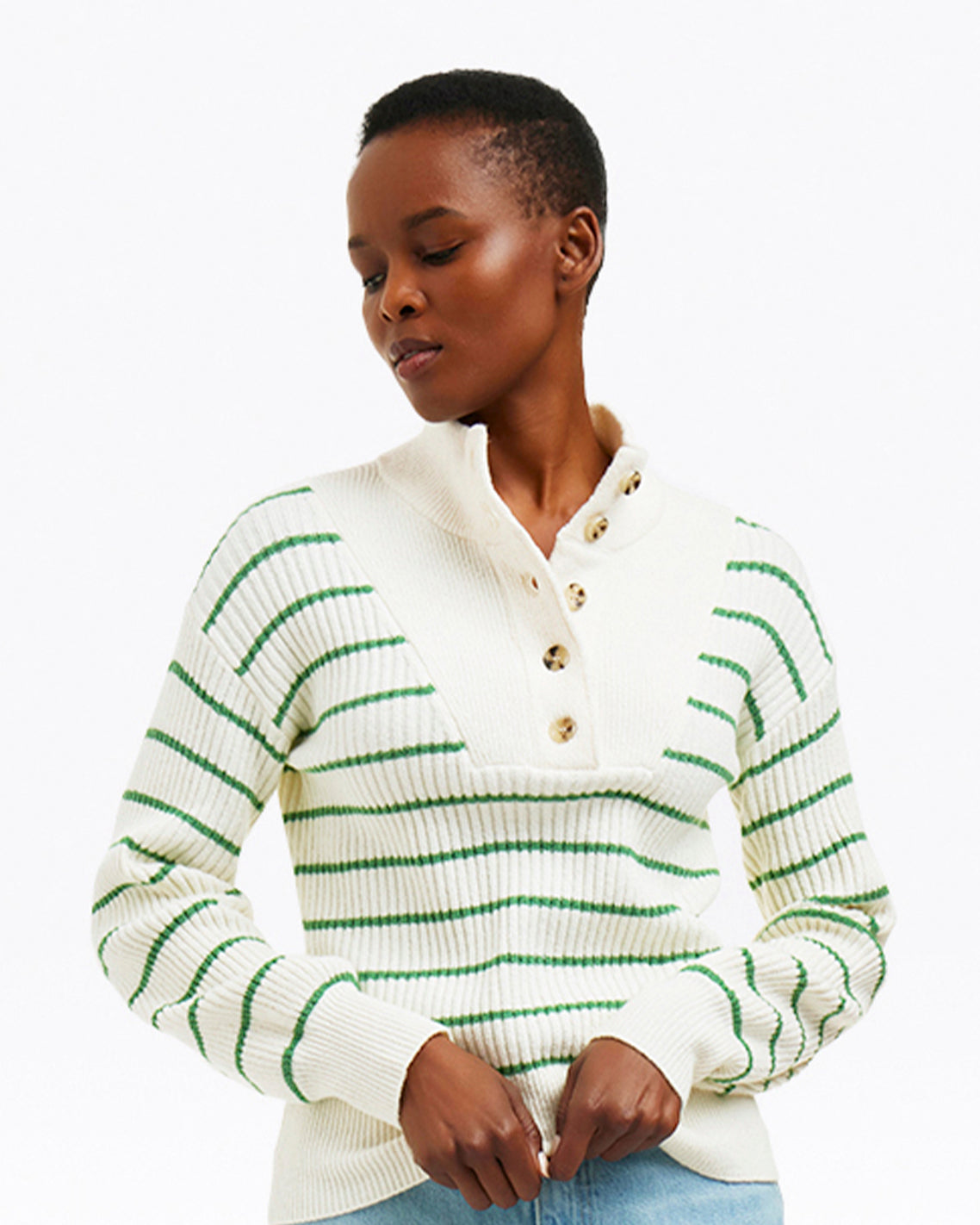 Draper James Magnolia White Multi Striped Button Front Sweater