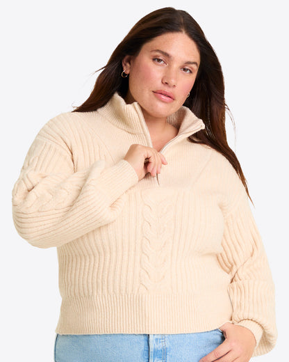 Draper James Cream Quarter Zip Cableknit Sweater