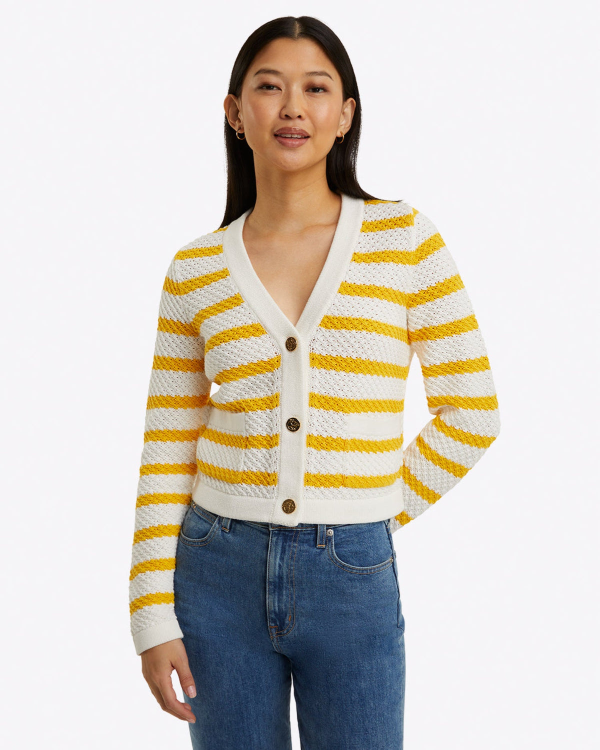 Draper James Magnolia White Rita V-Neck Cardigan in Cotton