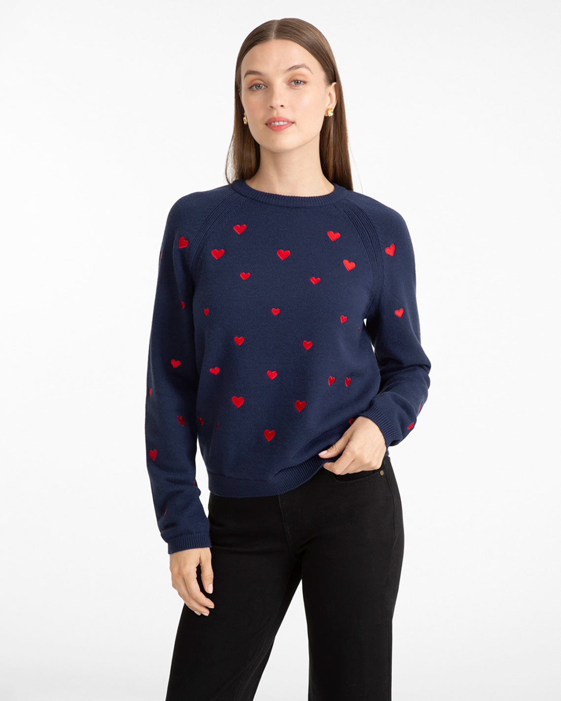 Draper James Nassau Navy Multi Ditsy Heart Crewneck Sweater