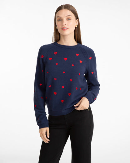 Draper James Nassau Navy Multi Ditsy Heart Crewneck Sweater