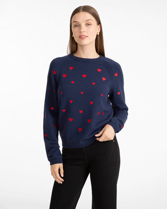 Draper James Nassau Navy Multi Ditsy Heart Crewneck Sweater