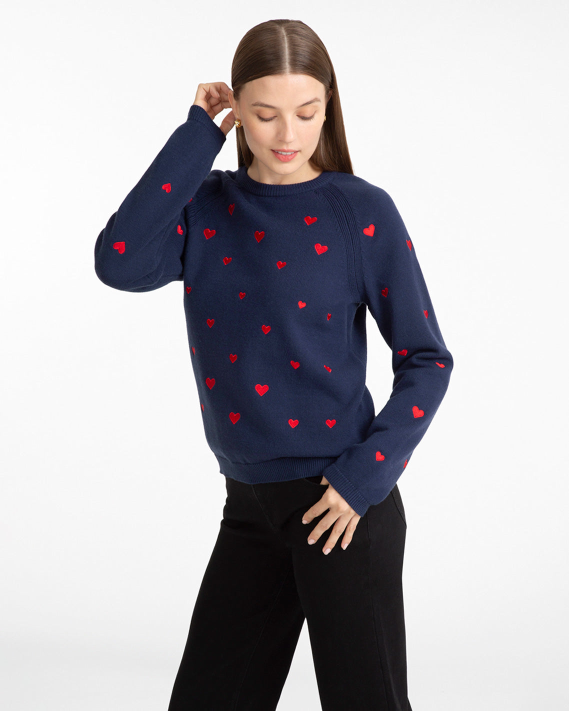 Draper James Nassau Navy Multi Ditsy Heart Crewneck Sweater