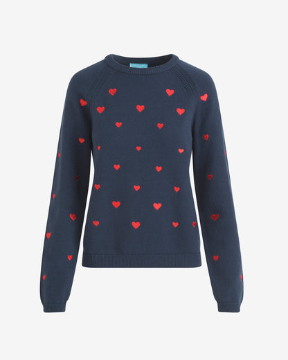 Draper James Nassau Navy Multi Ditsy Heart Crewneck Sweater