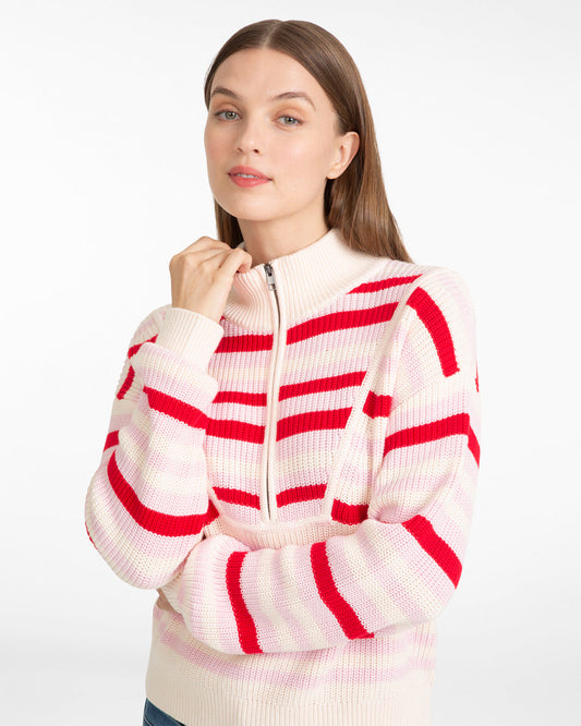 Draper James Pink Mixed Stripe Quarter Zip Sweater in Mixed Stripe