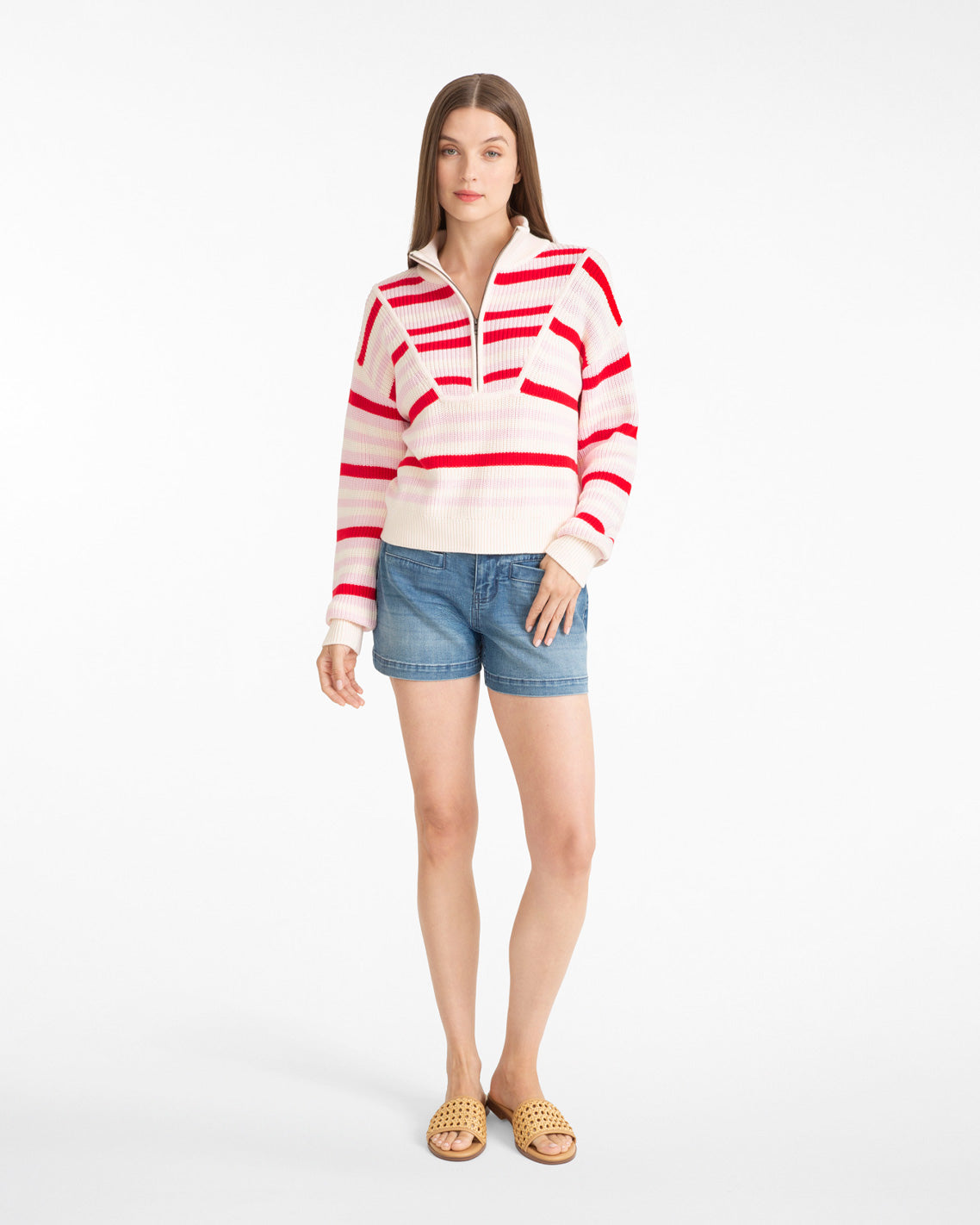Draper James Pink Mixed Stripe Quarter Zip Sweater in Mixed Stripe