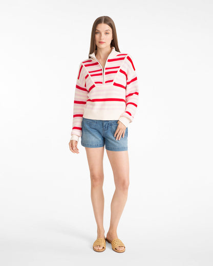 Draper James Pink Mixed Stripe Quarter Zip Sweater in Mixed Stripe