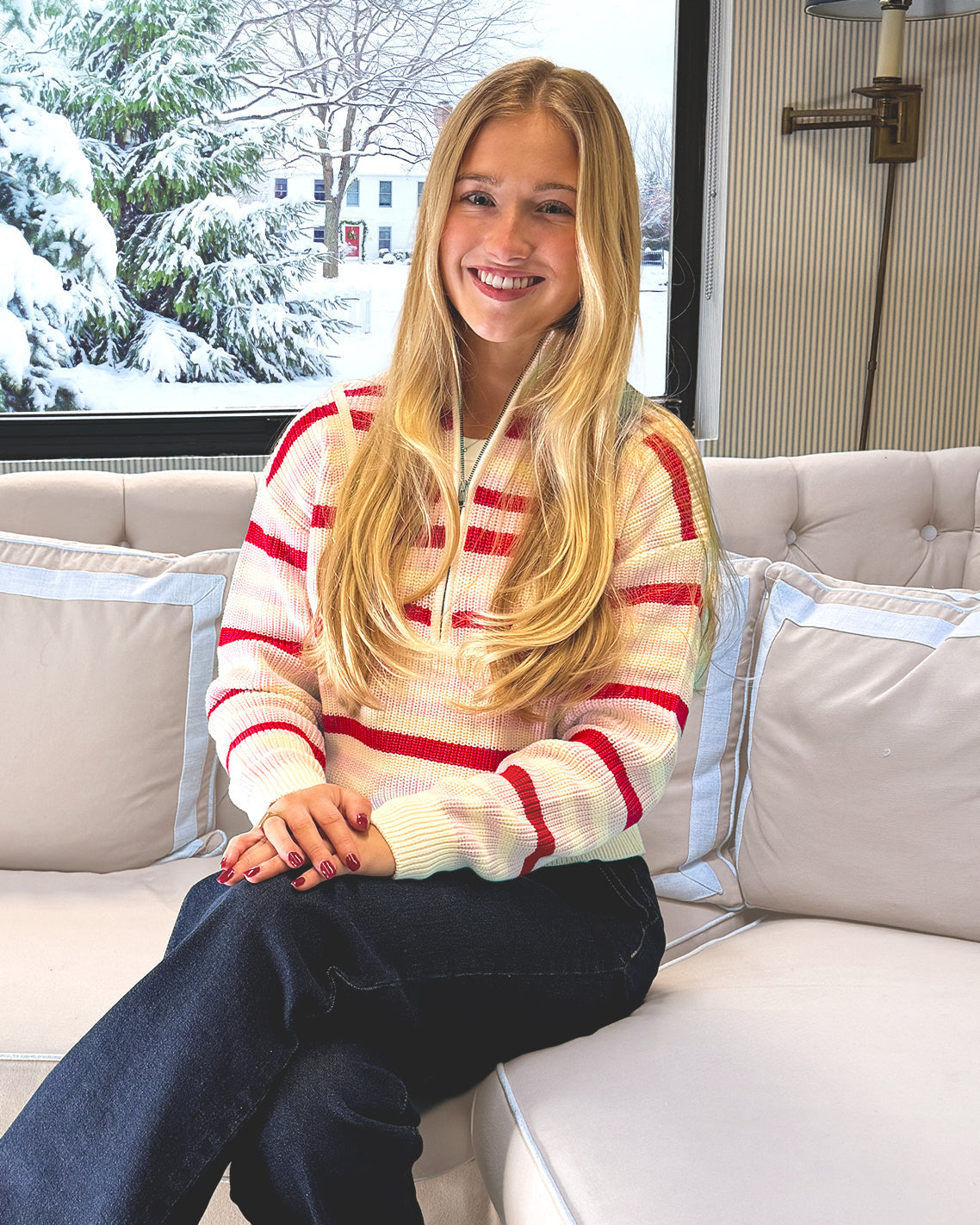 Draper James Pink Mixed Stripe Quarter Zip Sweater in Mixed Stripe