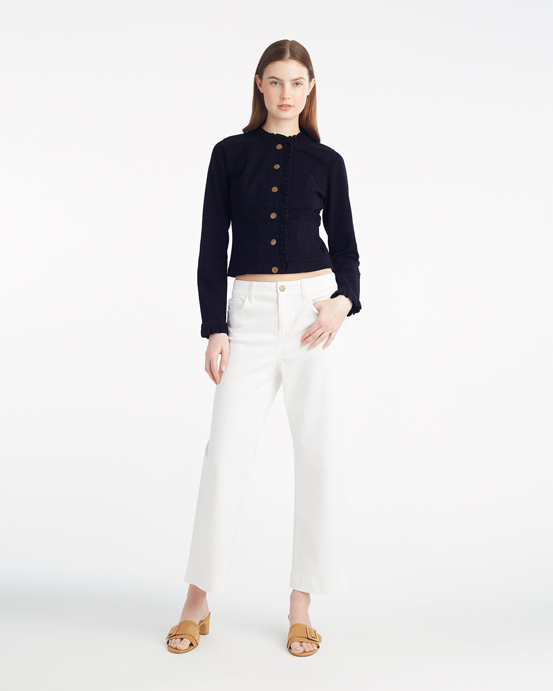 Draper James Belle Meade Black Ruffle Denim Jacket – Light Wash