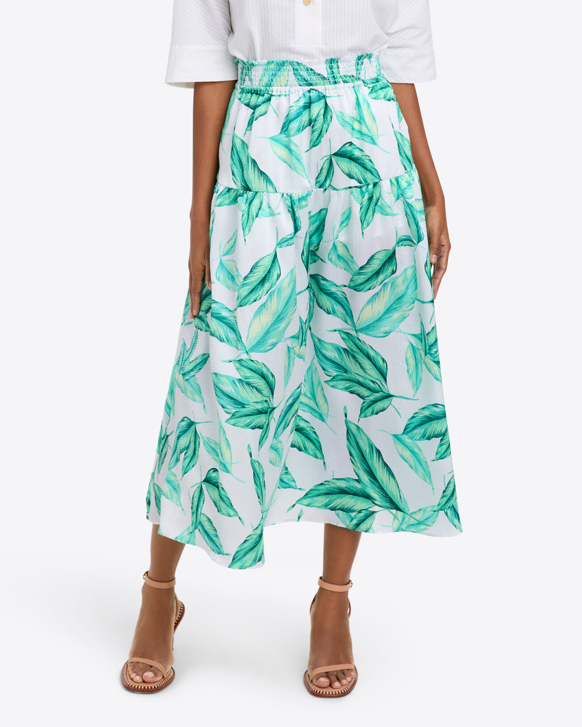 Draper James Tropical Leaf Midi Skirt in Hammered Satin