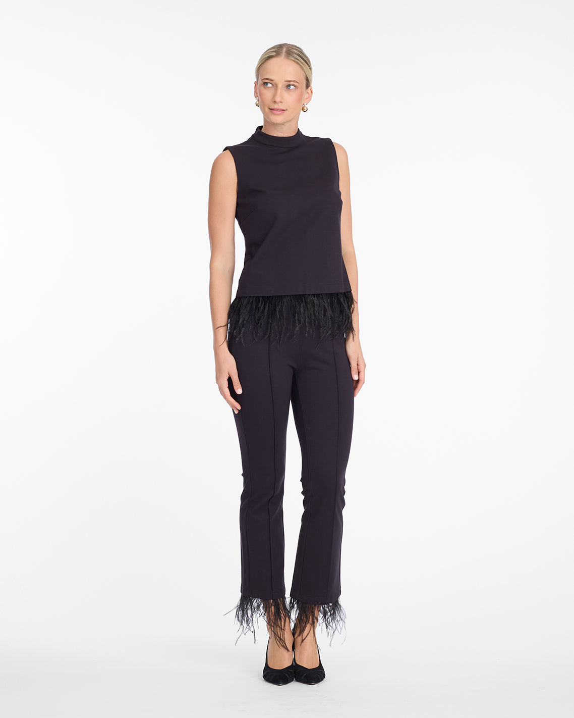 Draper James Black Trousers with Feather Trim