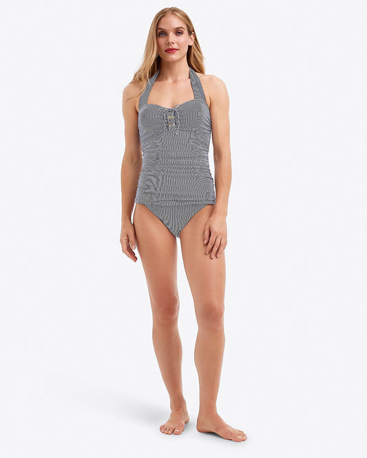 Draper James Nassau Navy Seersucker Halter Bandeau Tankini – Gingham Print