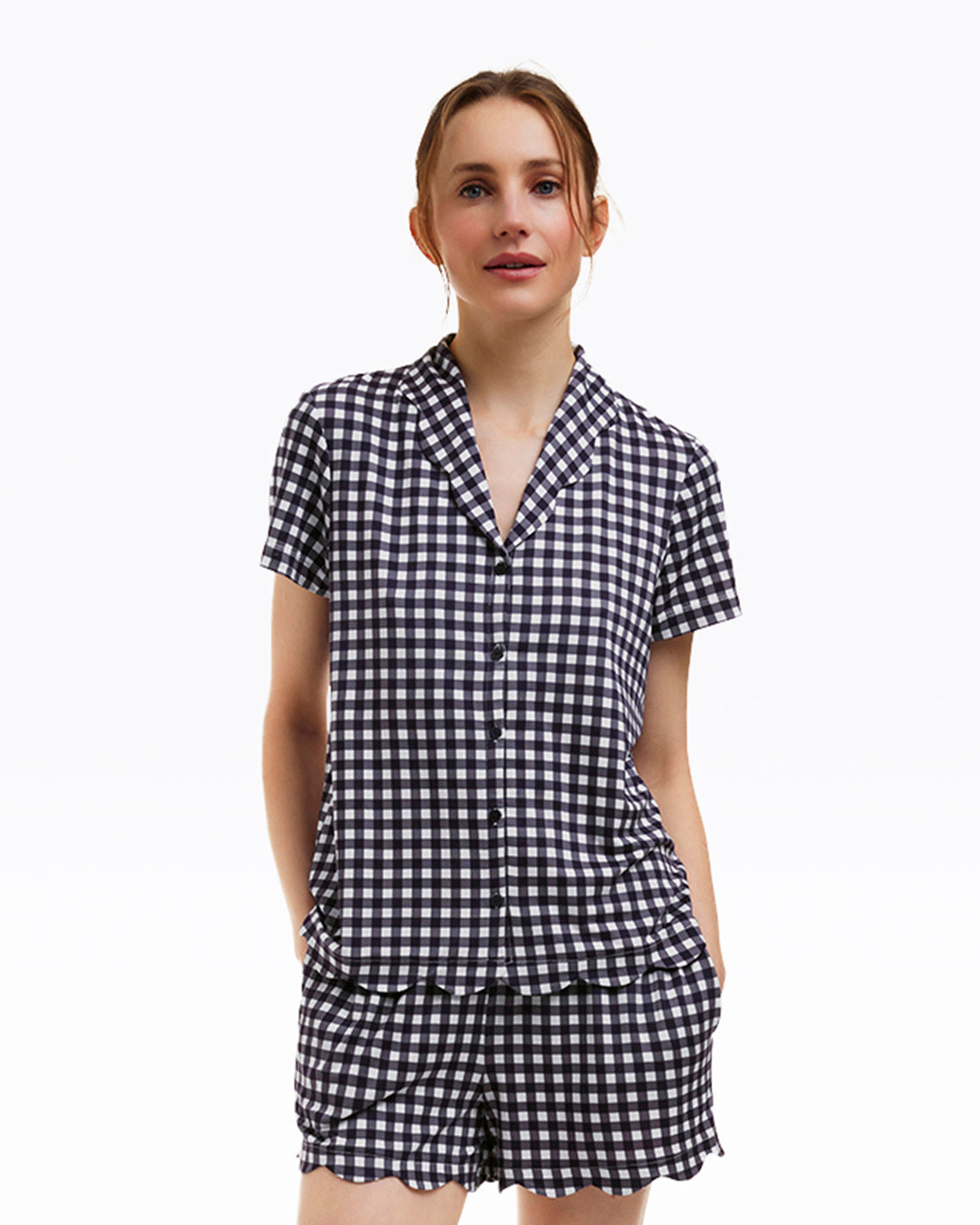 Draper James Nassau Navy Gingham Scallop Sara Pajama Set in Navy Gingham