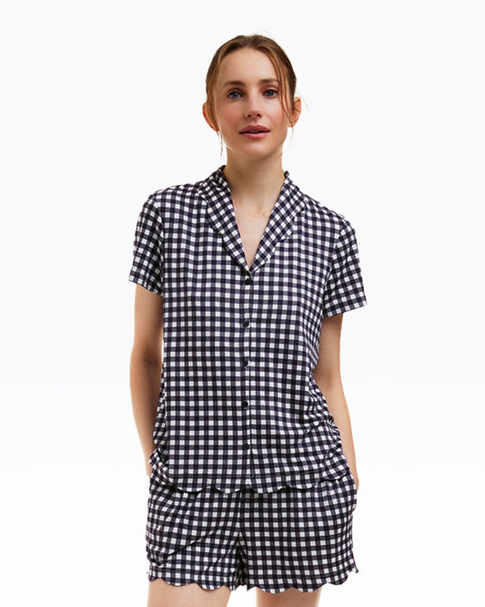 Draper James Nassau Navy Gingham Scallop Sara Pajama Set in Navy Gingham