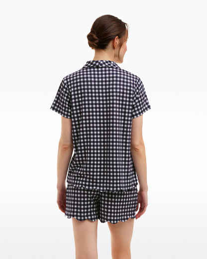 Draper James Nassau Navy Gingham Scallop Sara Pajama Set in Navy Gingham