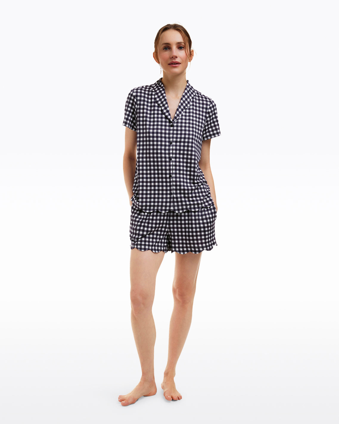 Draper James Nassau Navy Gingham Scallop Sara Pajama Set in Navy Gingham