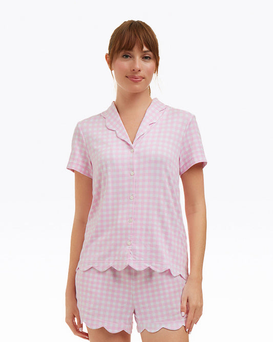 Draper James Pink Gingham Scallop Sara Pajama Set in Pink Gingham