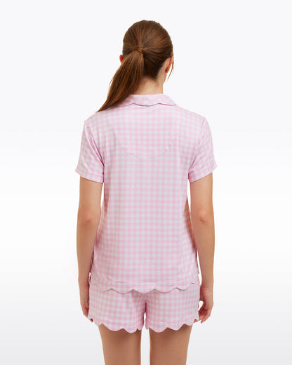 Draper James Pink Gingham Scallop Sara Pajama Set in Pink Gingham