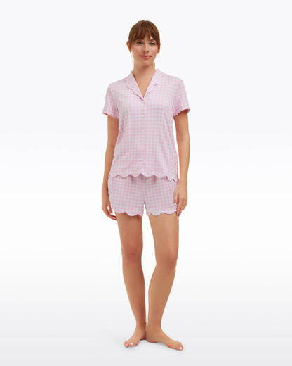 Draper James Pink Gingham Scallop Sara Pajama Set in Pink Gingham