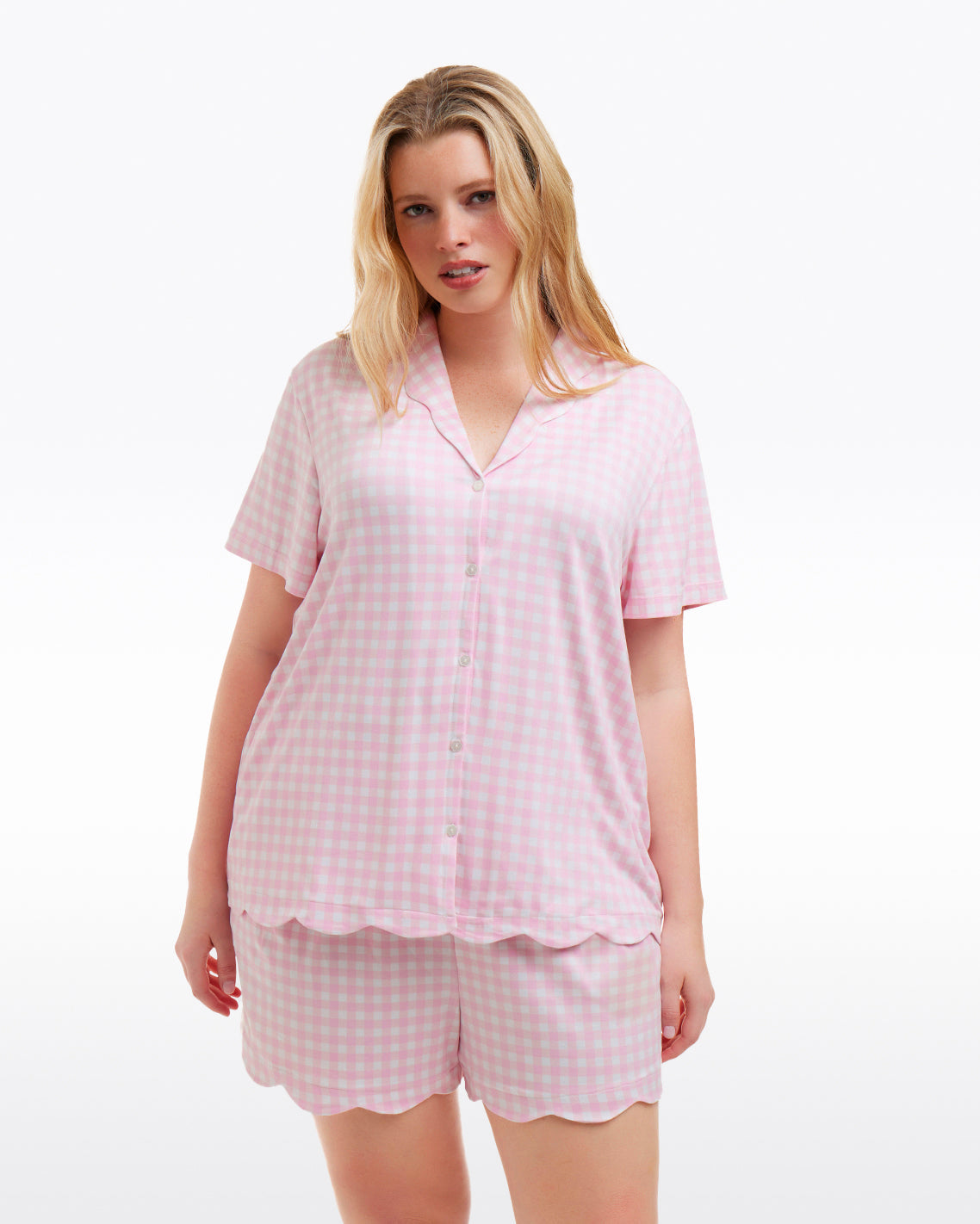Draper James Pink Gingham Scallop Sara Pajama Set in Pink Gingham