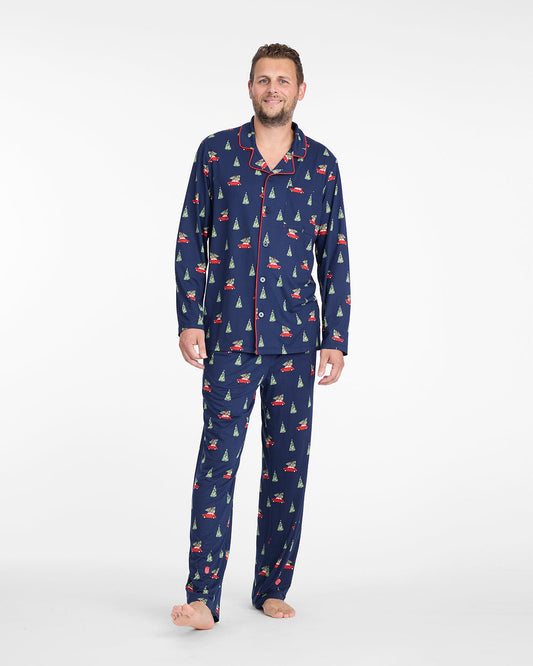 Draper James Nassau Navy Multi Men's Long-Sleeve Pajama Set in Holiday Trees