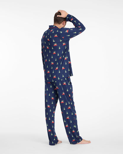 Draper James Nassau Navy Multi Men's Long-Sleeve Pajama Set in Holiday Trees