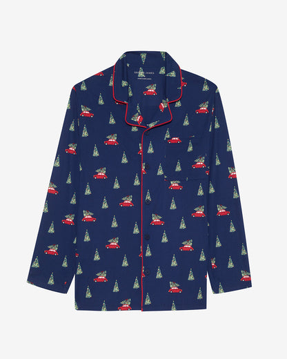Draper James Nassau Navy Multi Men's Long-Sleeve Pajama Set in Holiday Trees