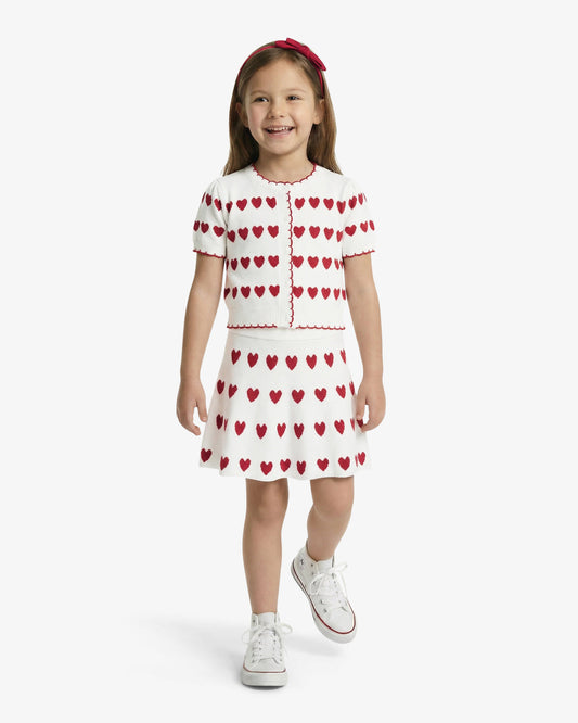 Draper James Lipstick Red Multi Sweater Knit Skirt Set with Headband in Heart Print