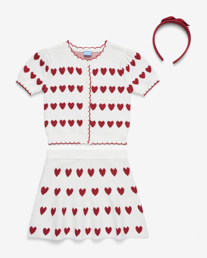 Draper James Lipstick Red Multi Sweater Knit Skirt Set with Headband in Heart Print