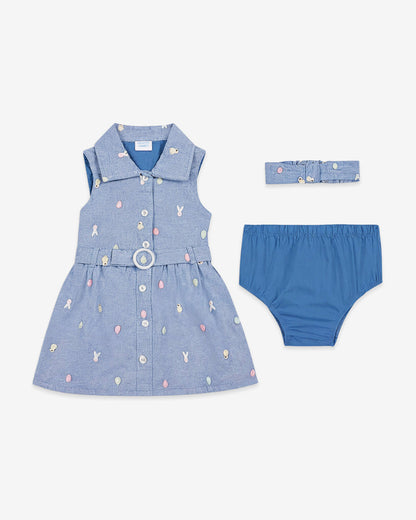 Draper James Blue Dress with Headband in Blue Chambray