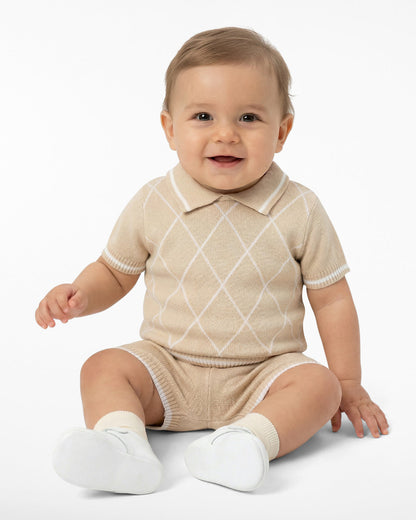 Draper James Beige Argyle Polo Sweater Short Set in Beige
