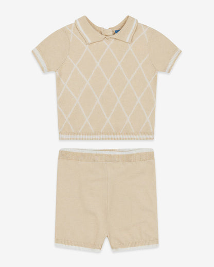 Draper James Beige Argyle Polo Sweater Short Set in Beige