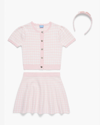Draper James Pink Gingham Sweater Knit Skirt Set with Headband in Pink