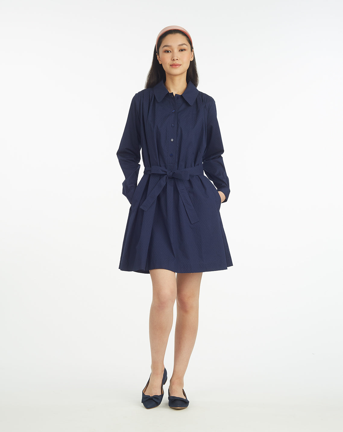Draper James Nassau Navy Ellie Pleated Shirtdress in Cotton Dobby