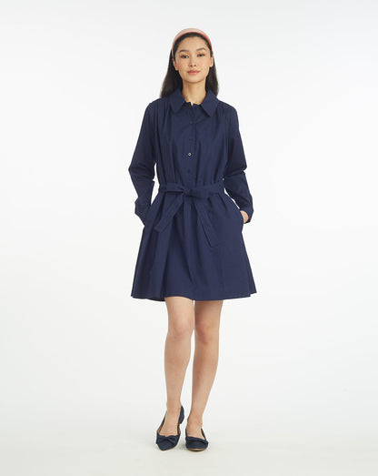 Draper James Nassau Navy Ellie Pleated Shirtdress in Cotton Dobby