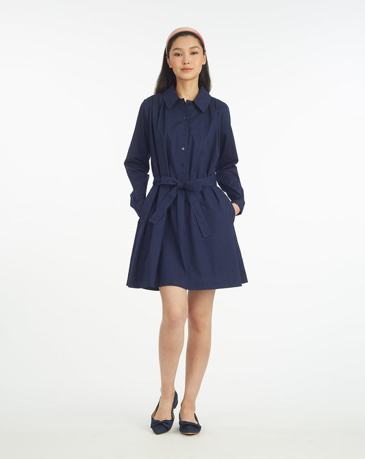 Draper James Nassau Navy Ellie Pleated Shirtdress in Cotton Dobby