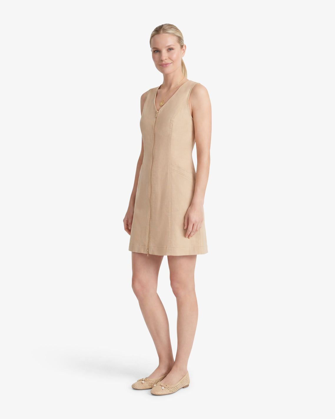 Draper James Croissant Sienna Sleeveless V-Neck Mini Dress in Croissant