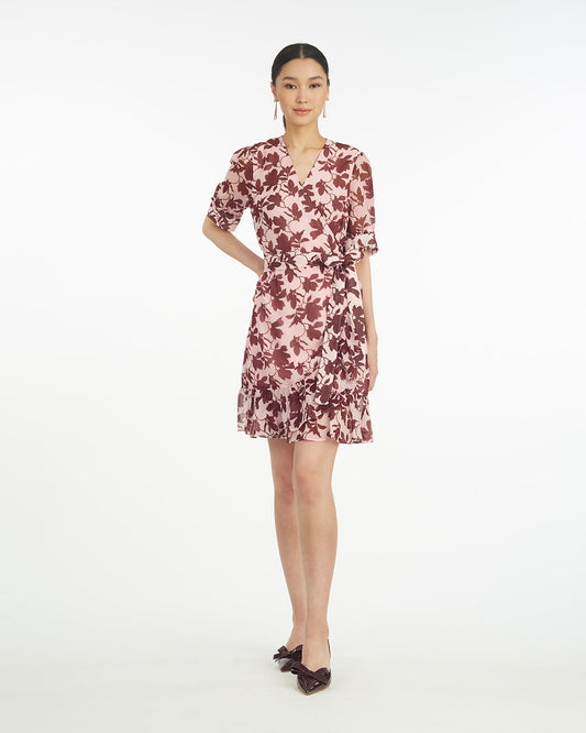 Draper James Pink Ella Short-Sleeve Mini Dress in Burgundy Magnolia