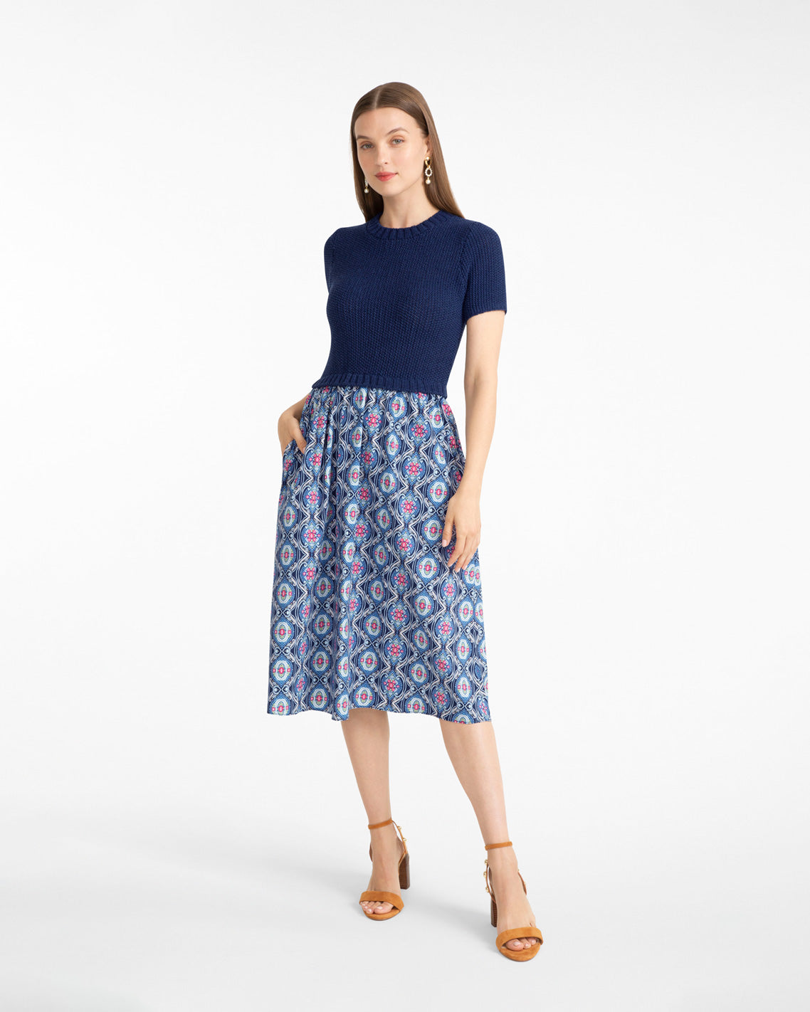 Draper James Nassau Navy Multi Chiara Mixed Media Midi Dress