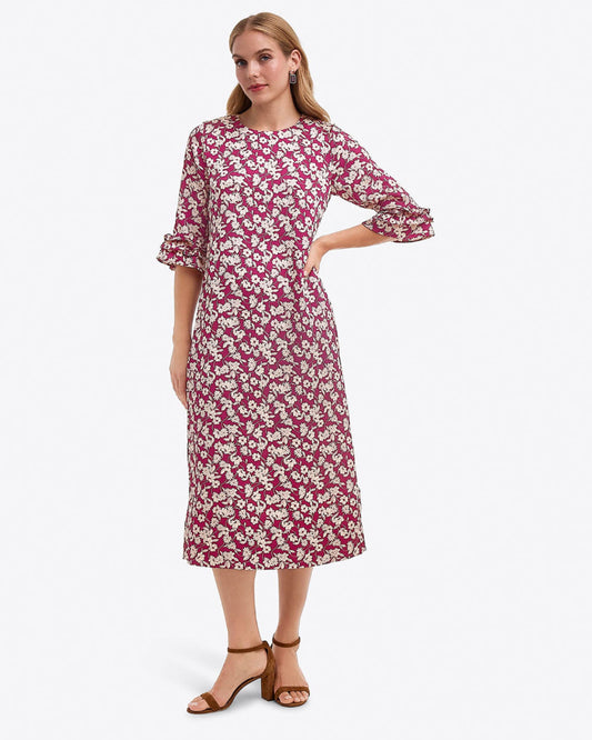 Draper James Purple Multi Crewneck Midi Dress in Hammered Satin