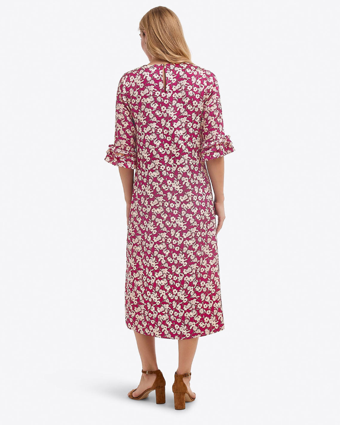 Draper James Purple Multi Crewneck Midi Dress in Hammered Satin