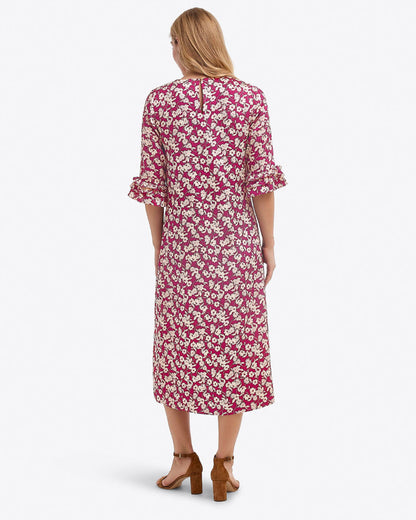 Draper James Purple Multi Crewneck Midi Dress in Hammered Satin