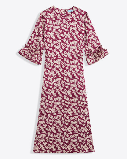 Draper James Purple Multi Crewneck Midi Dress in Hammered Satin