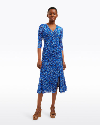 Draper James Blue Scattered Ditsy Selena V-Neck Midi Dress in Blue Scattered Ditsy